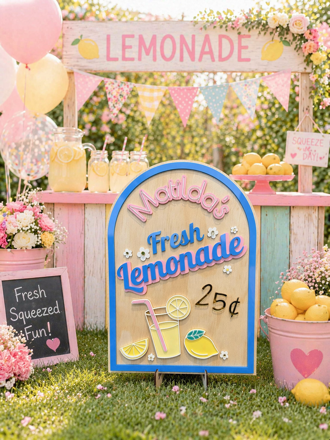 Lemonade stand with 'Maddie's Fresh Lemonade' sign, lemons, and balloons in a garden setting.