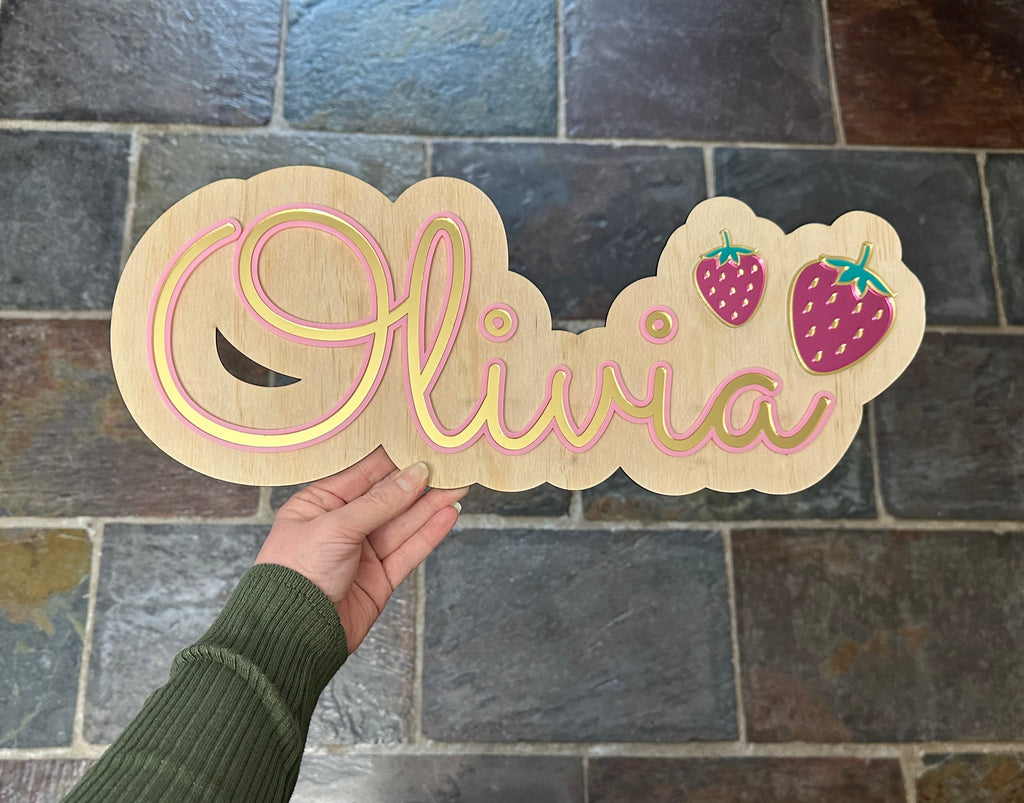 Personalised Strawberry Kids Wall Sign – Timber & Acrylic