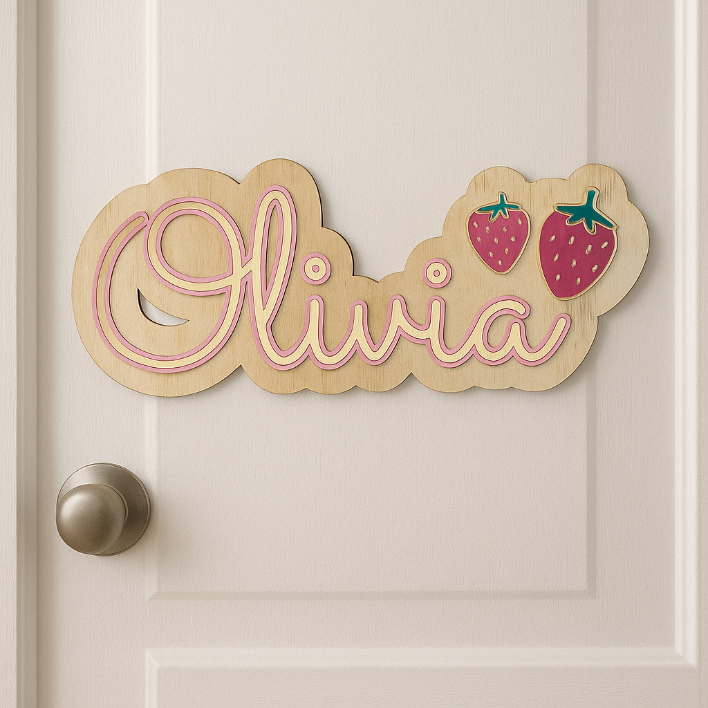 Personalised Strawberry Kids Wall Sign – Timber & Acrylic